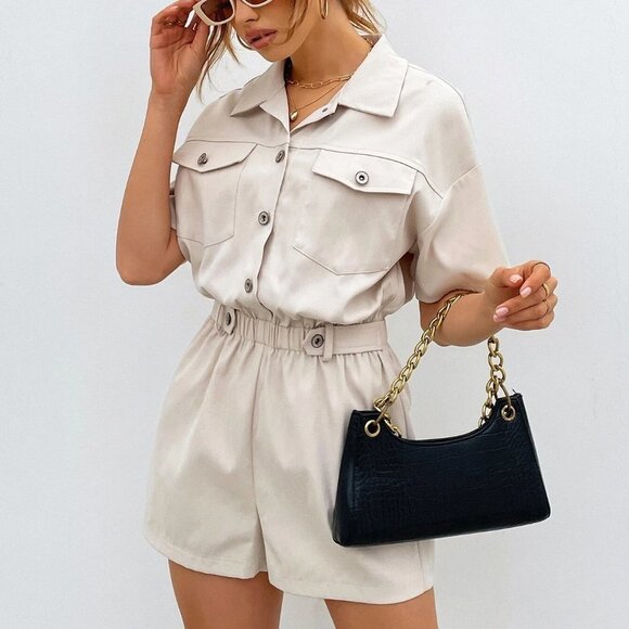 Beige Casual Womens Buttoned Front Pocket Patched Shirt Romper - Picture 1 of 5